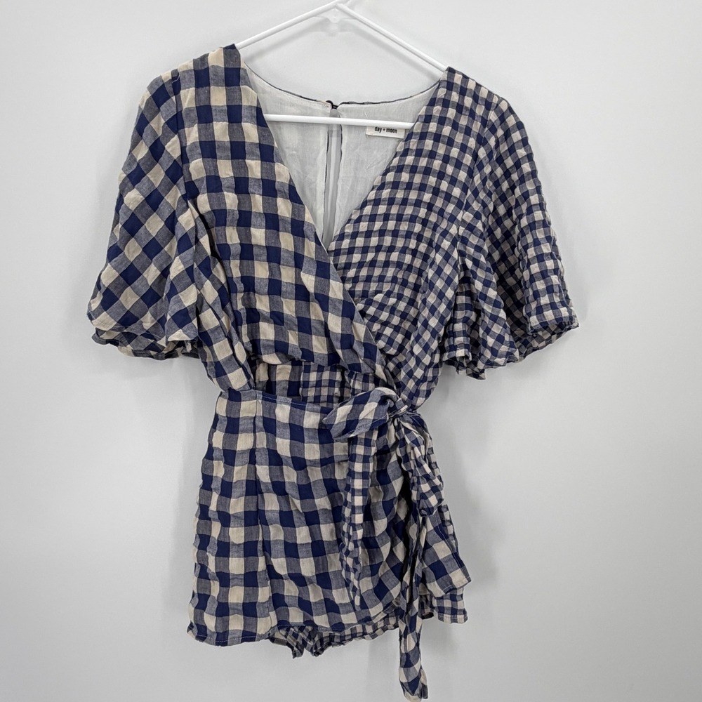 Day + Moon gingham wrap Romper size Small Blue white Tie Puff Sleeve Cotton